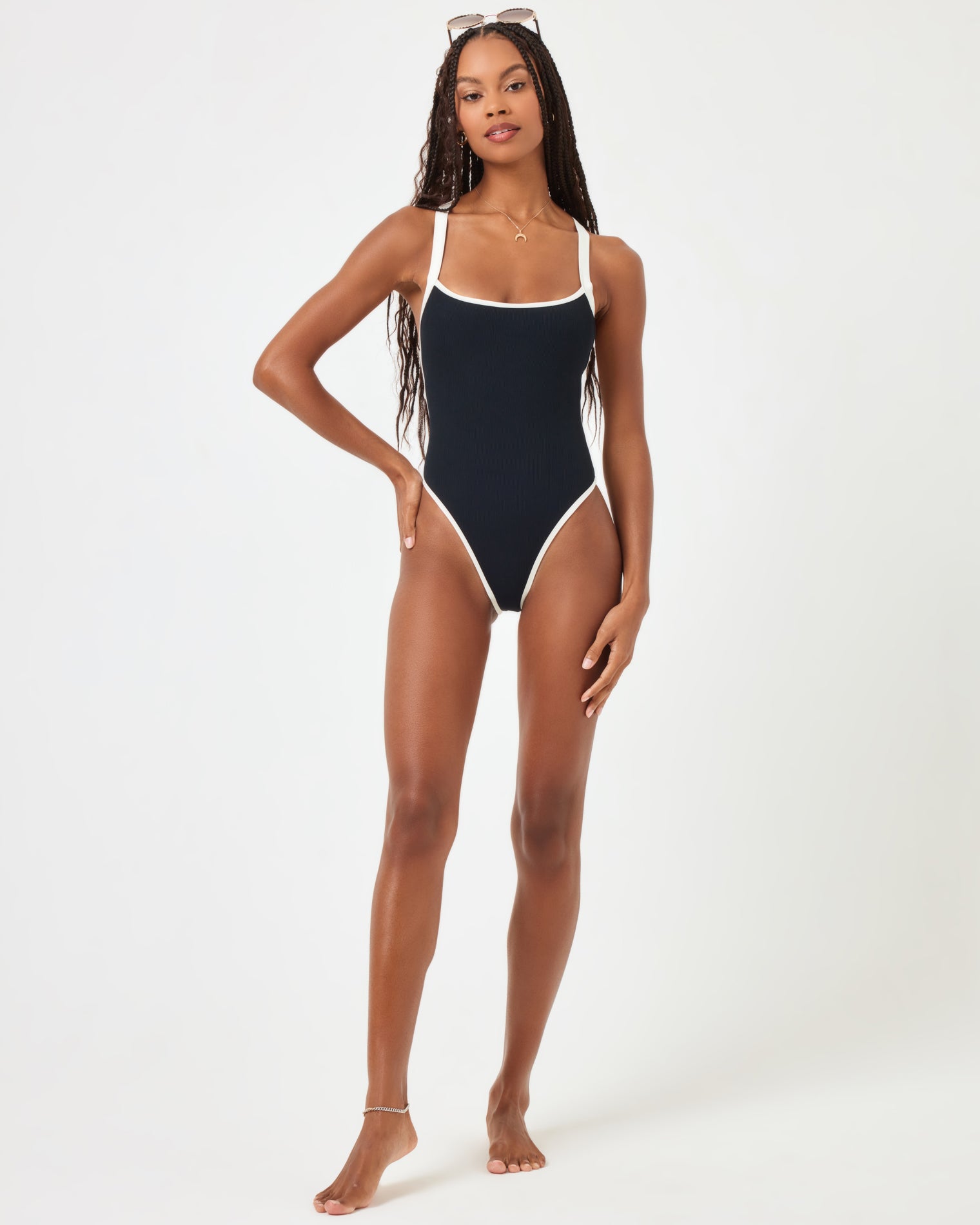 Ribbed Baewatch One Piece Swimsuit - Black-Cream