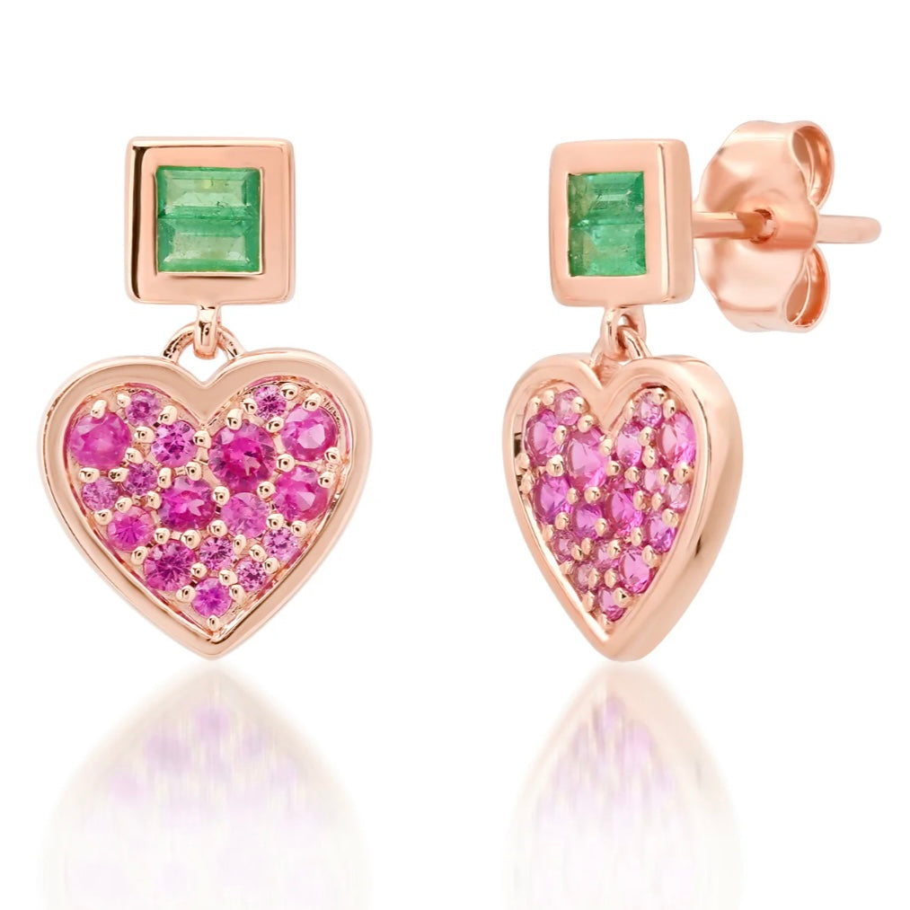 Deep Pink Sapphire and Emerald Small Sweetheart Earrings