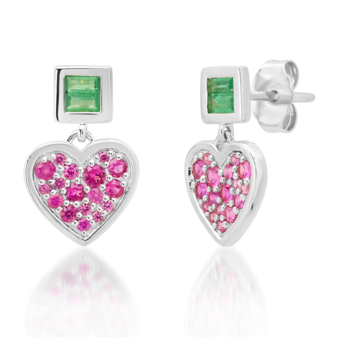 Deep Pink Sapphire and Emerald Small Sweetheart Earrings