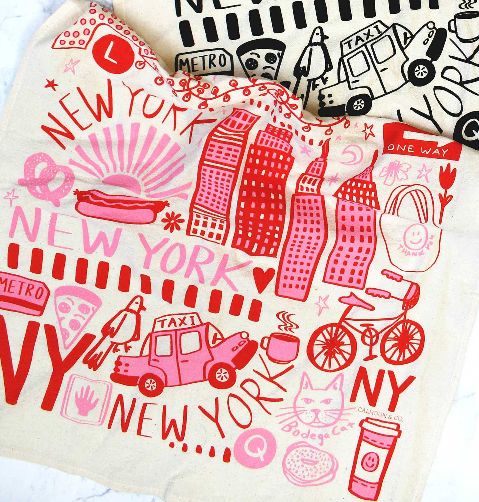 New York Screen Printed Tea Towel: Big Apple Pink Red