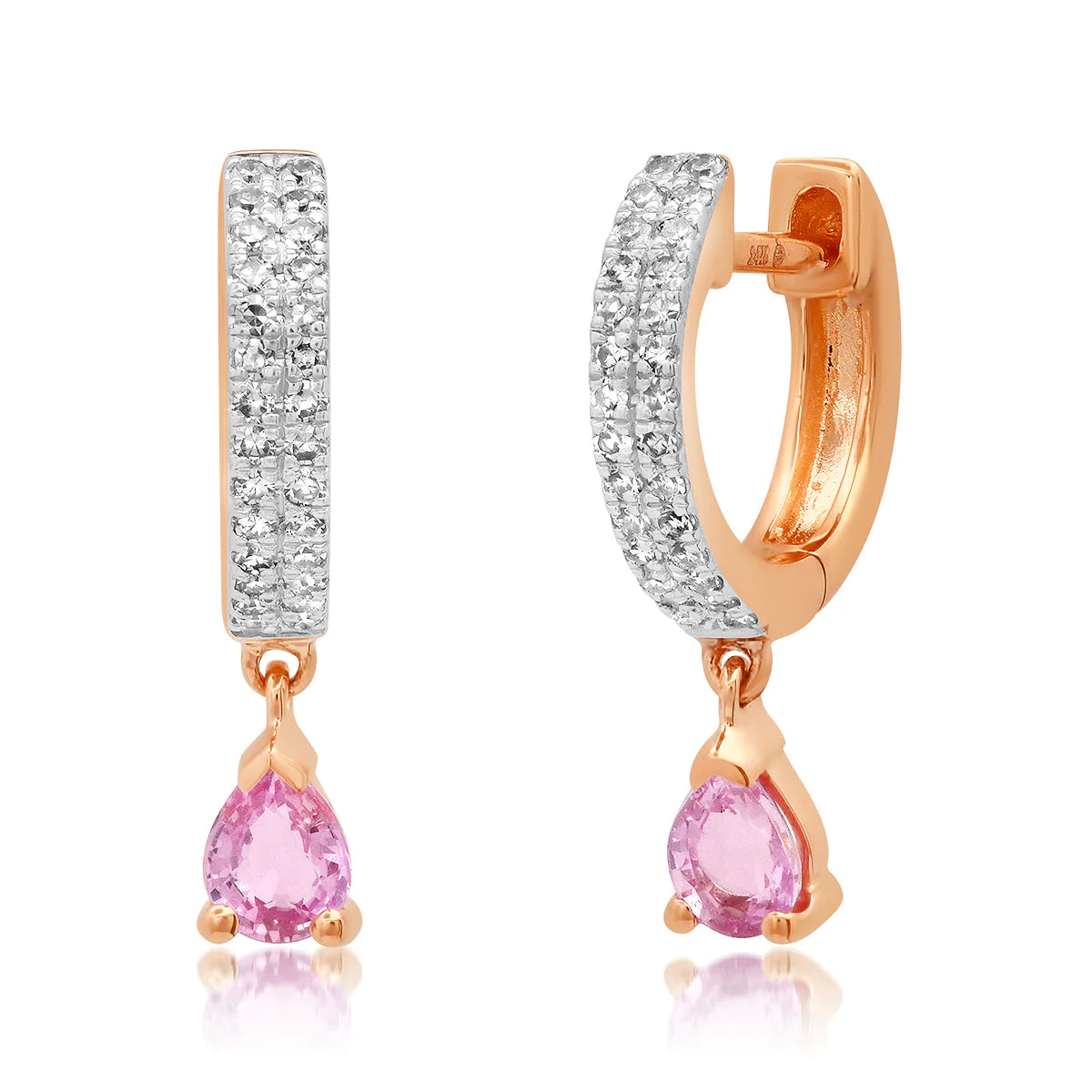 Diamond Huggies with Pink Sapphire Tear Drop