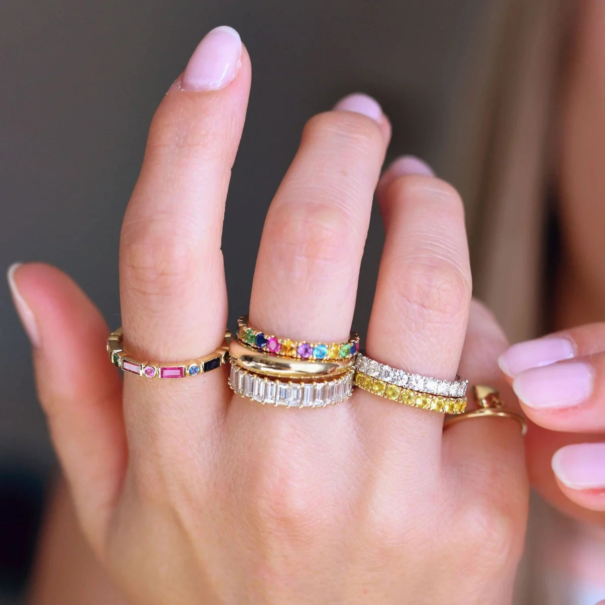 Rainbow Bezel Set Round and Baguette Ring