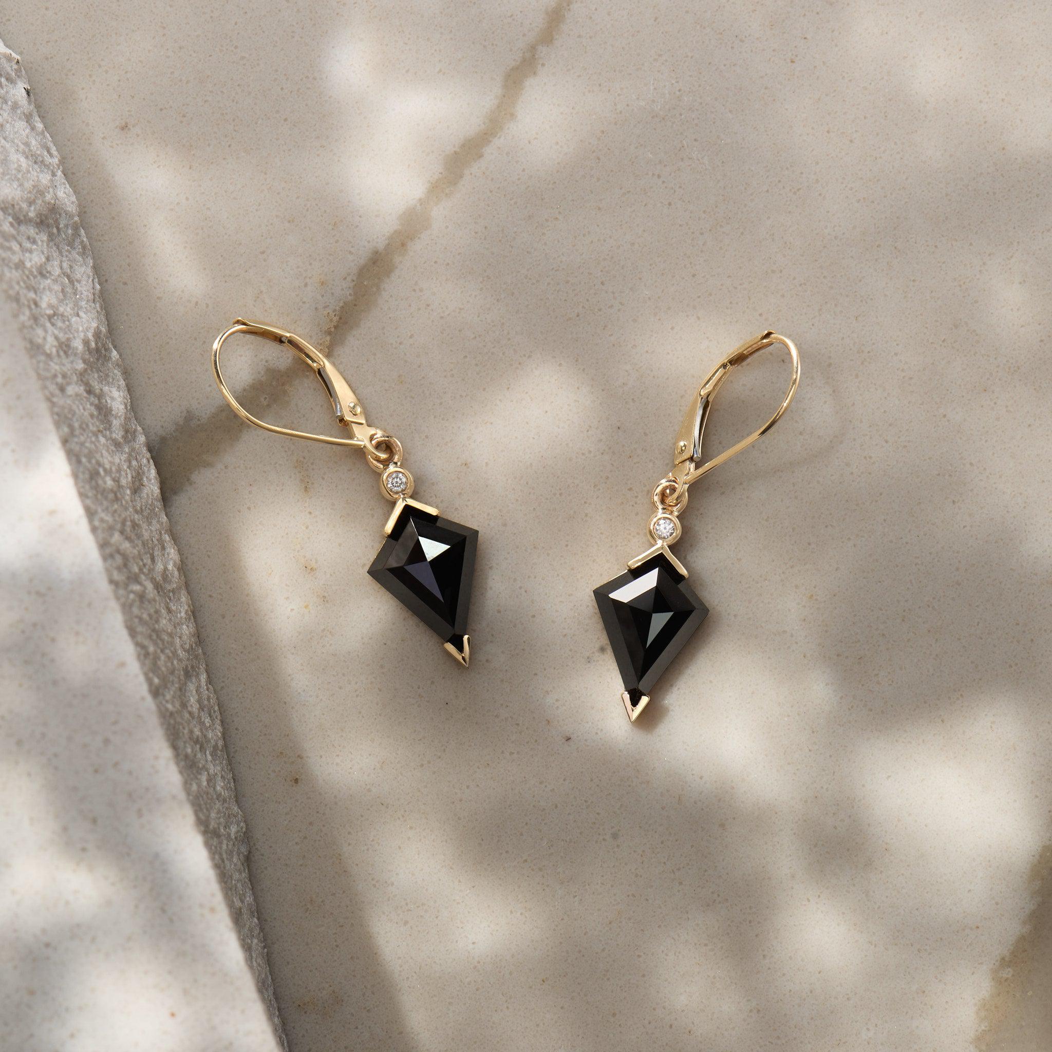 Black Spinel and Diamond Kite Drop Earrings