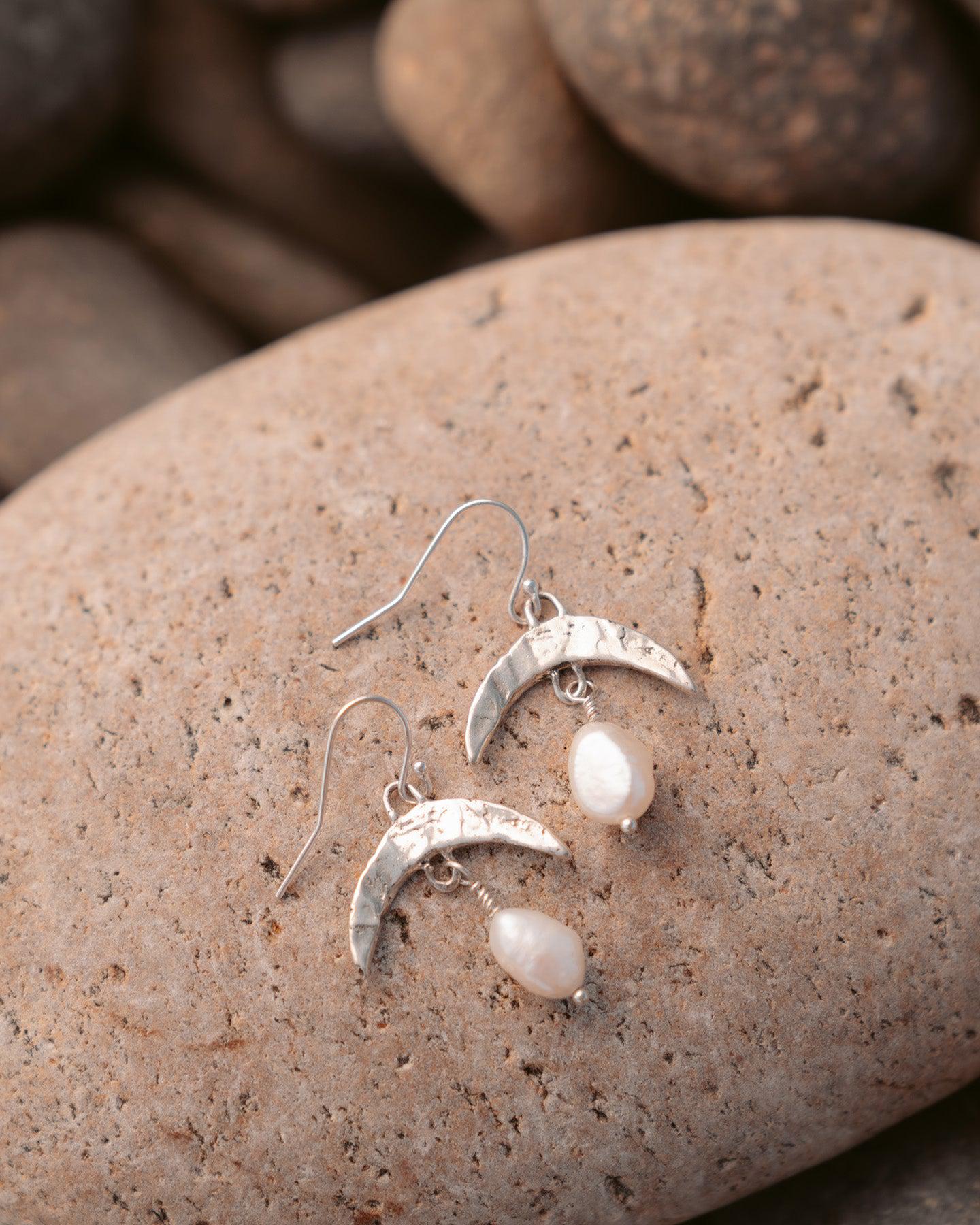 Cressida Silver Pearl Moon Earrings