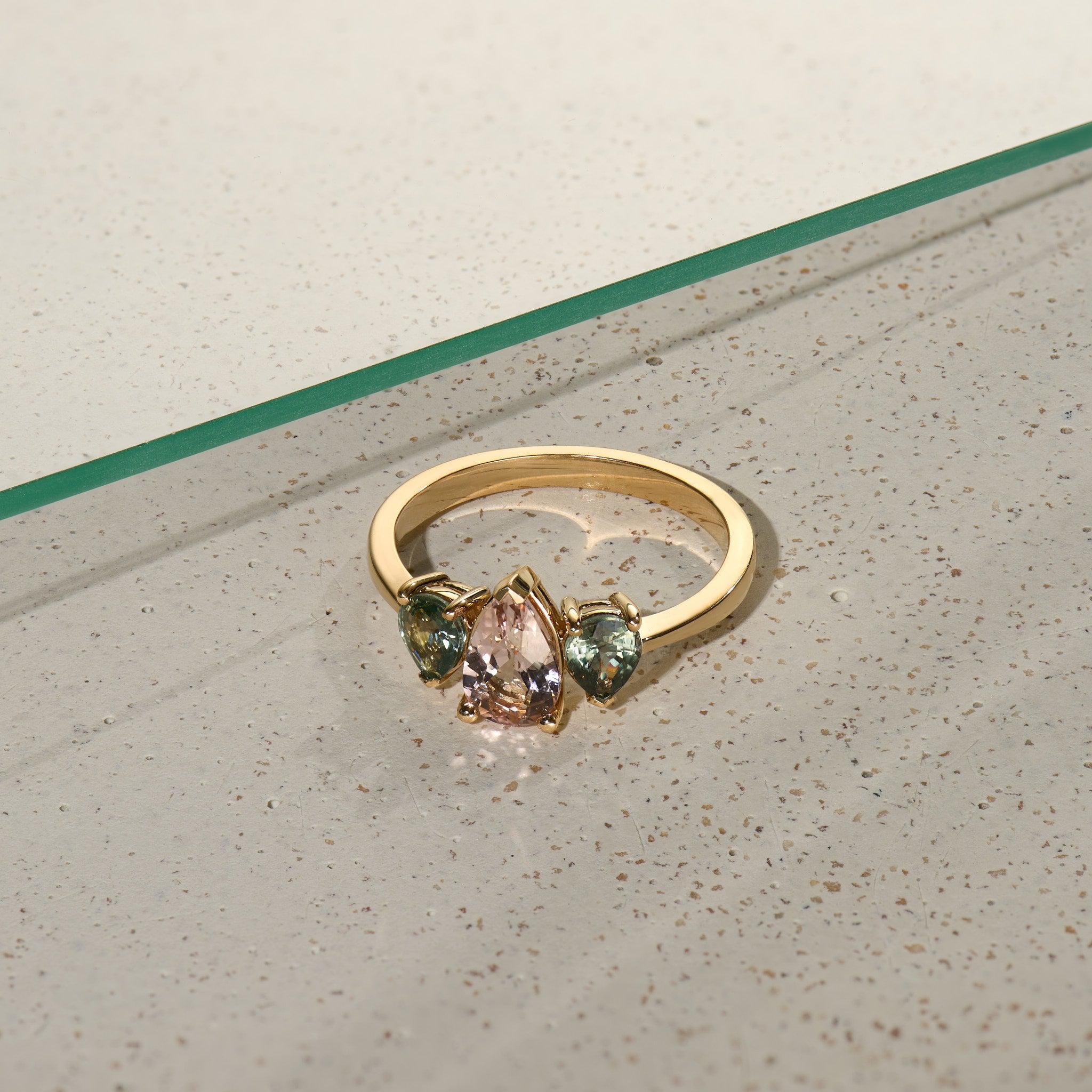 Morganite and Sapphire Triple Pear Gold Ring