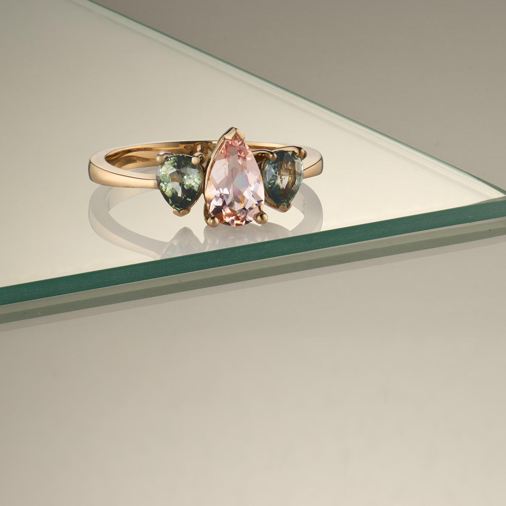 Morganite and Sapphire Triple Pear Gold Ring