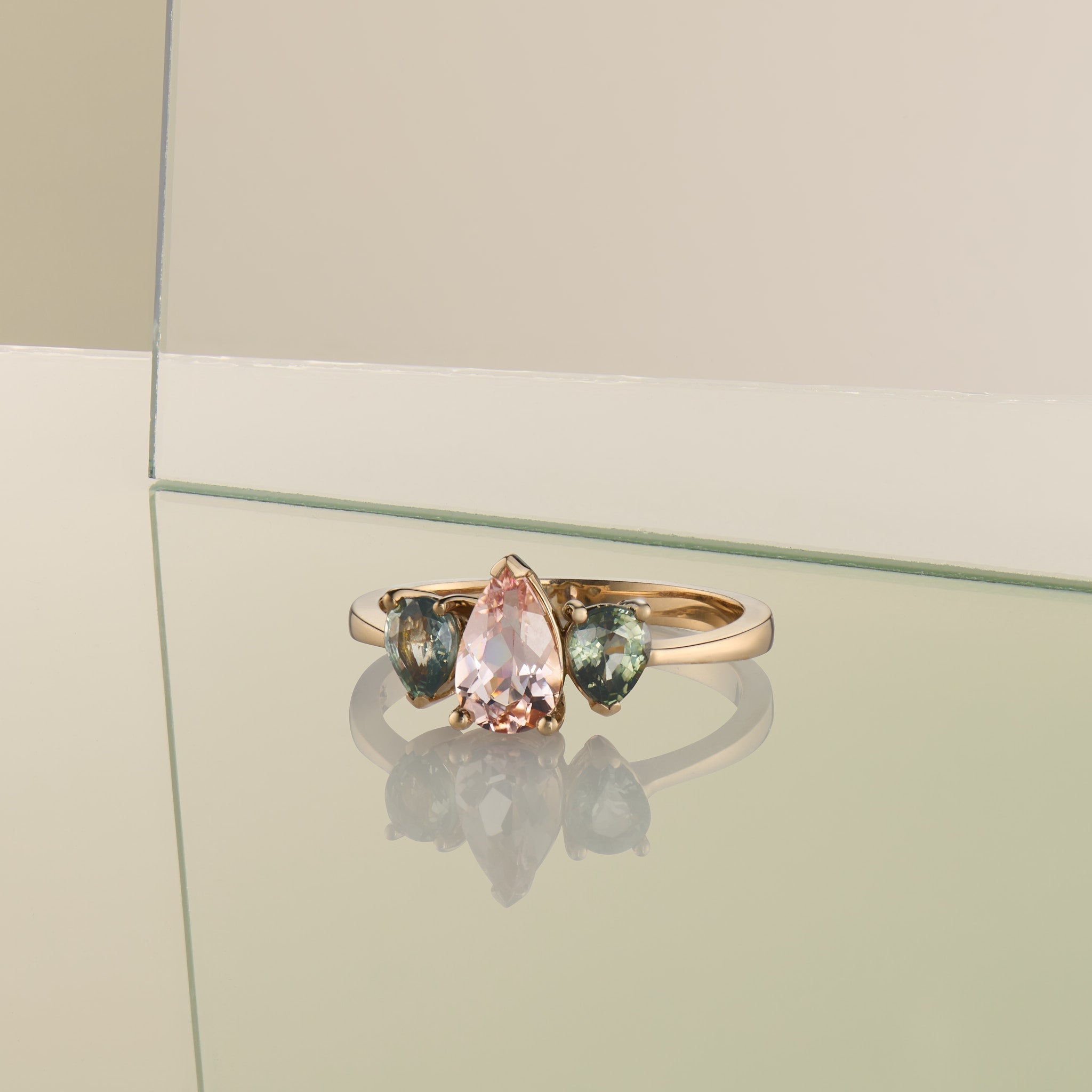 Morganite and Sapphire Triple Pear Gold Ring