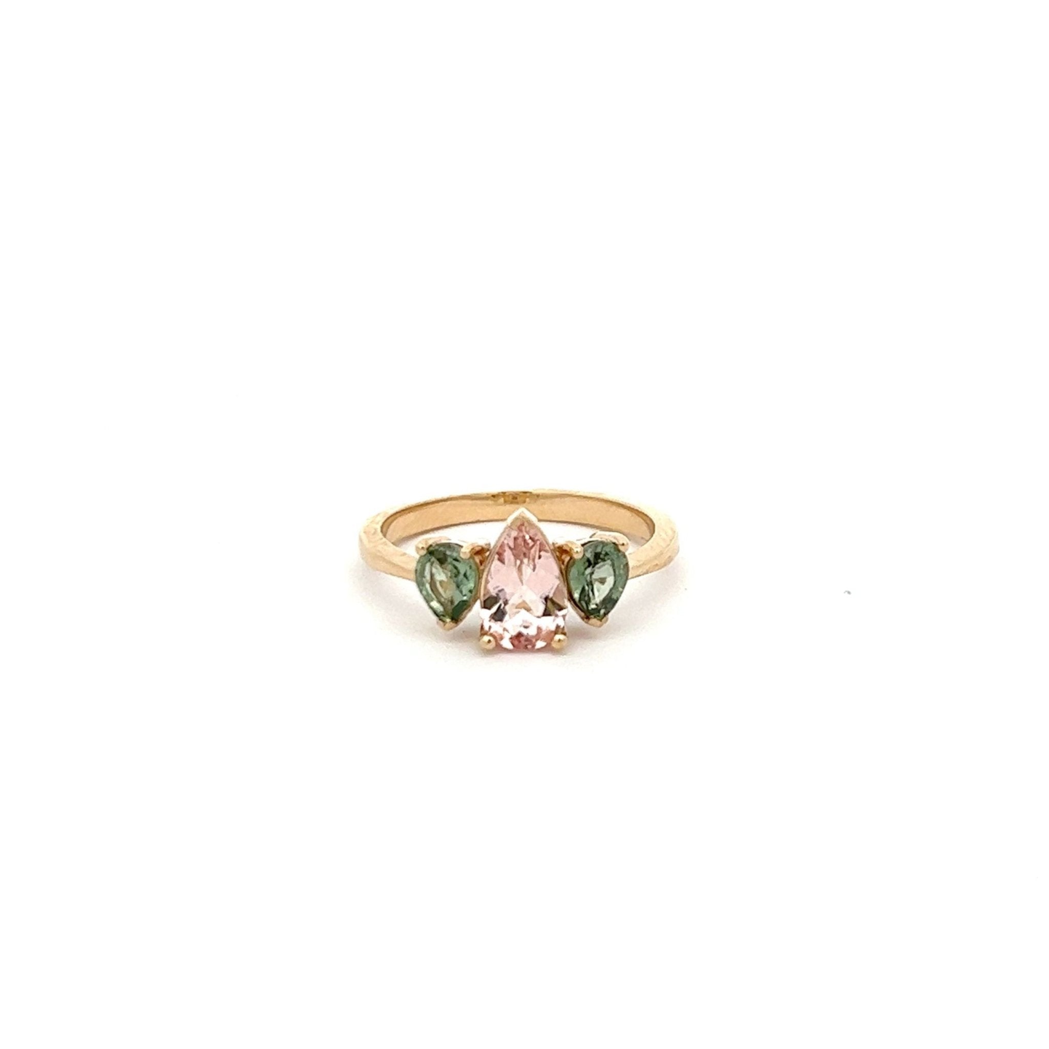 Morganite and Sapphire Triple Pear Gold Ring