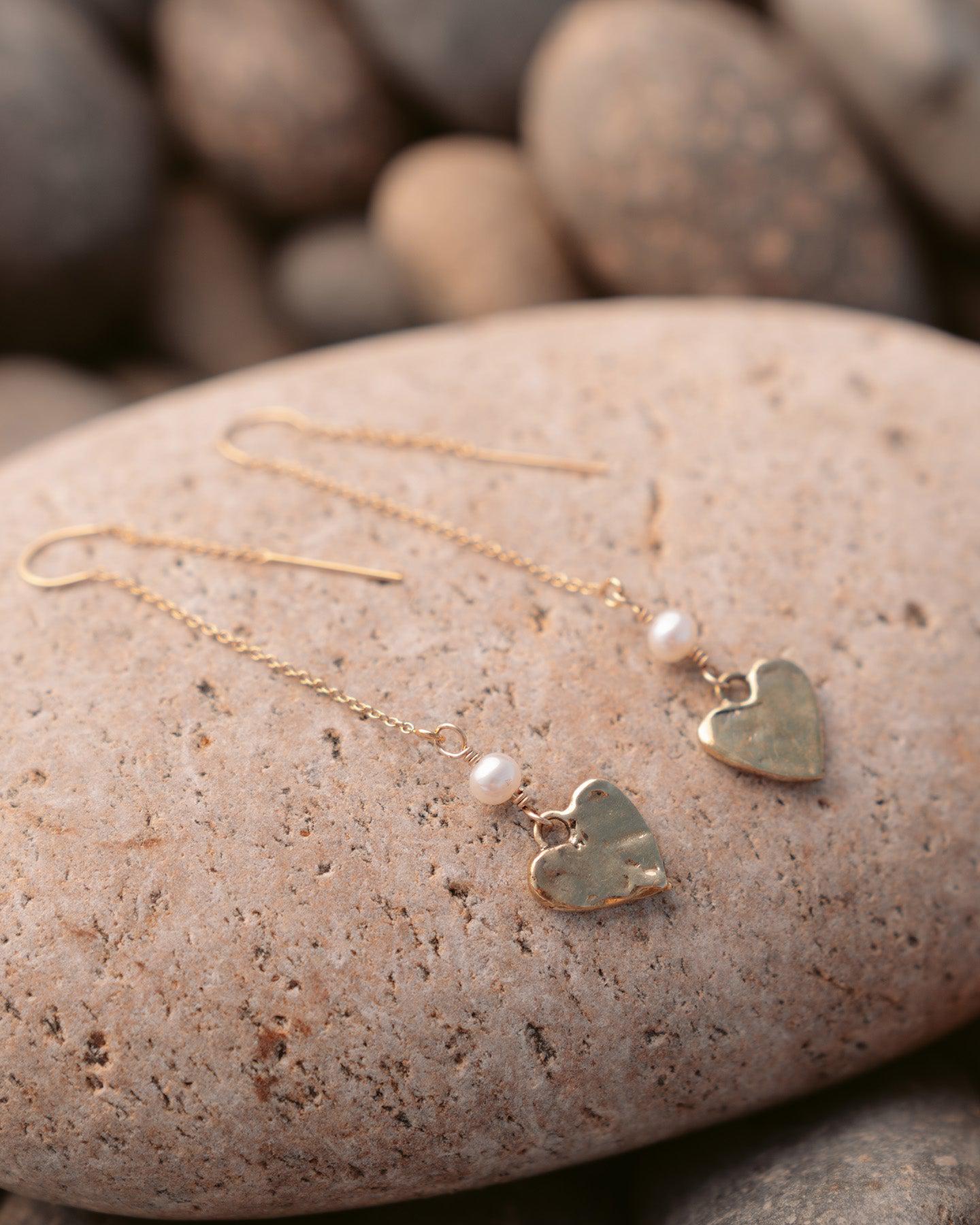 Rhiannon Gold Pearl Heart Threader Earrings