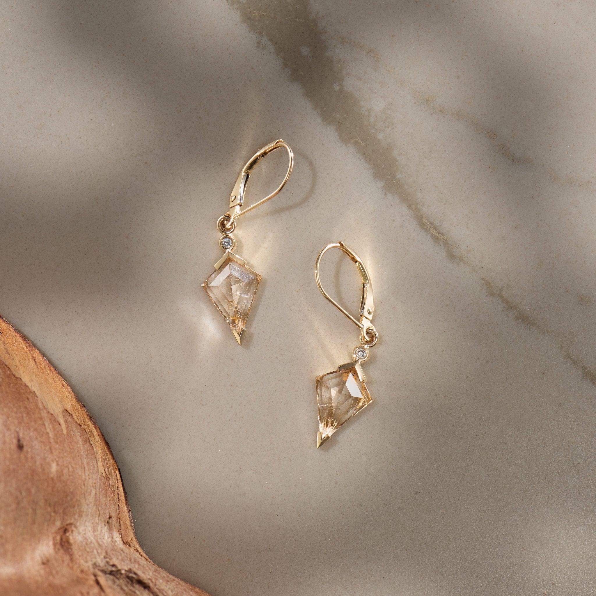 Rutilated Quartz and Diamond Kite Drop Earrings