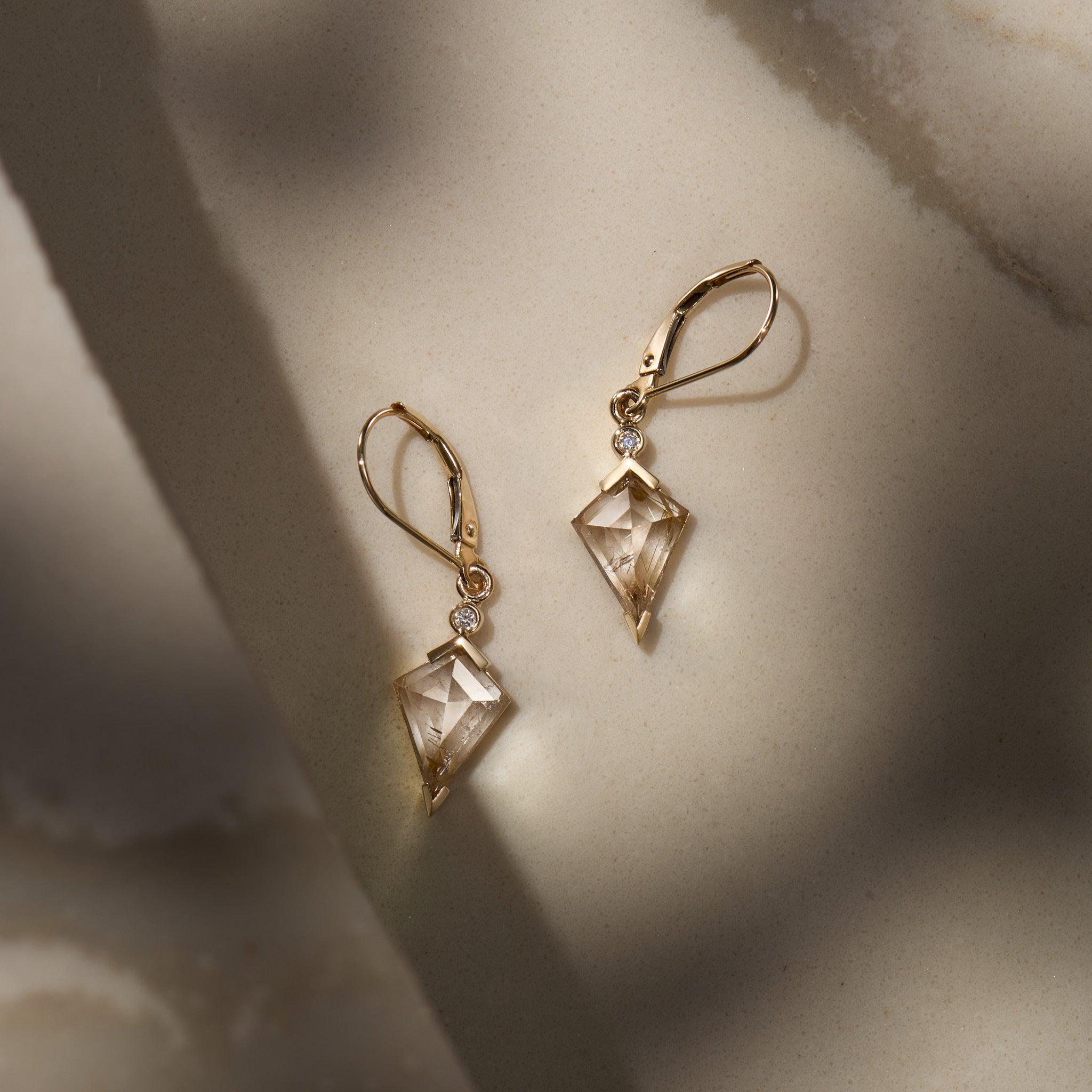 Rutilated Quartz and Diamond Kite Drop Earrings