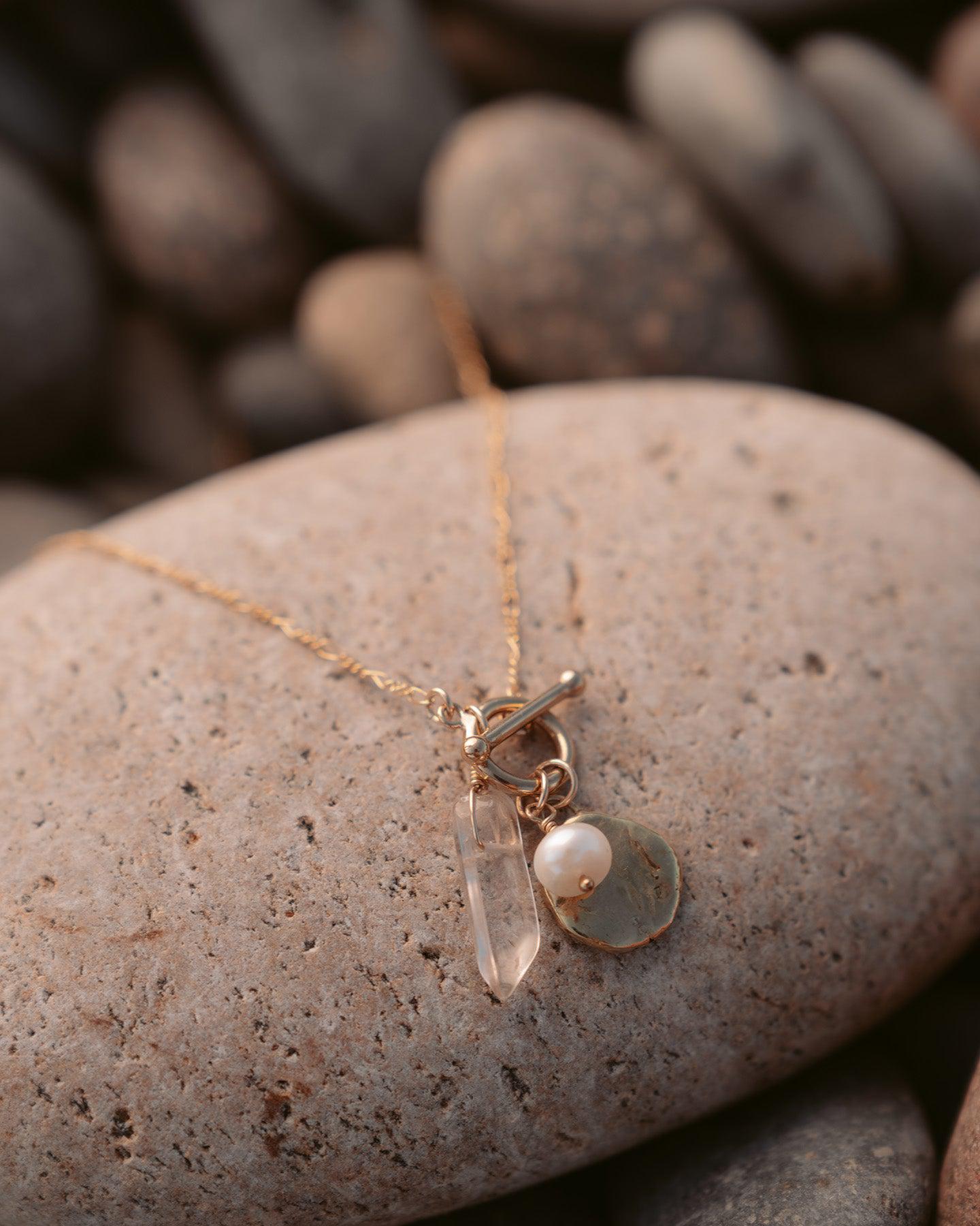 Selene Gold Charm Necklace with Pearl and Crystal