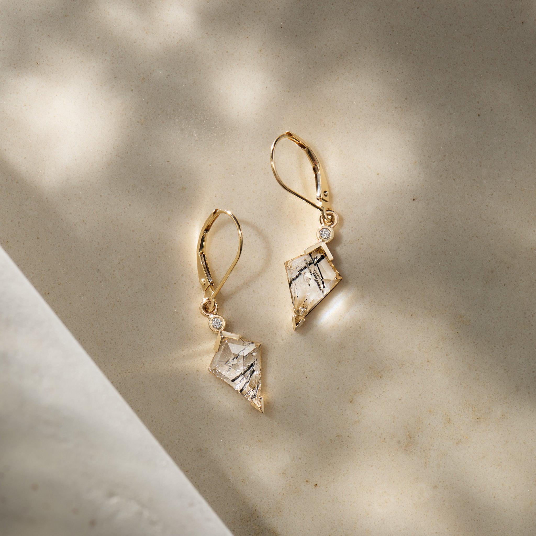 Tourmalinated Quartz and Diamond Kite Drop Earrings