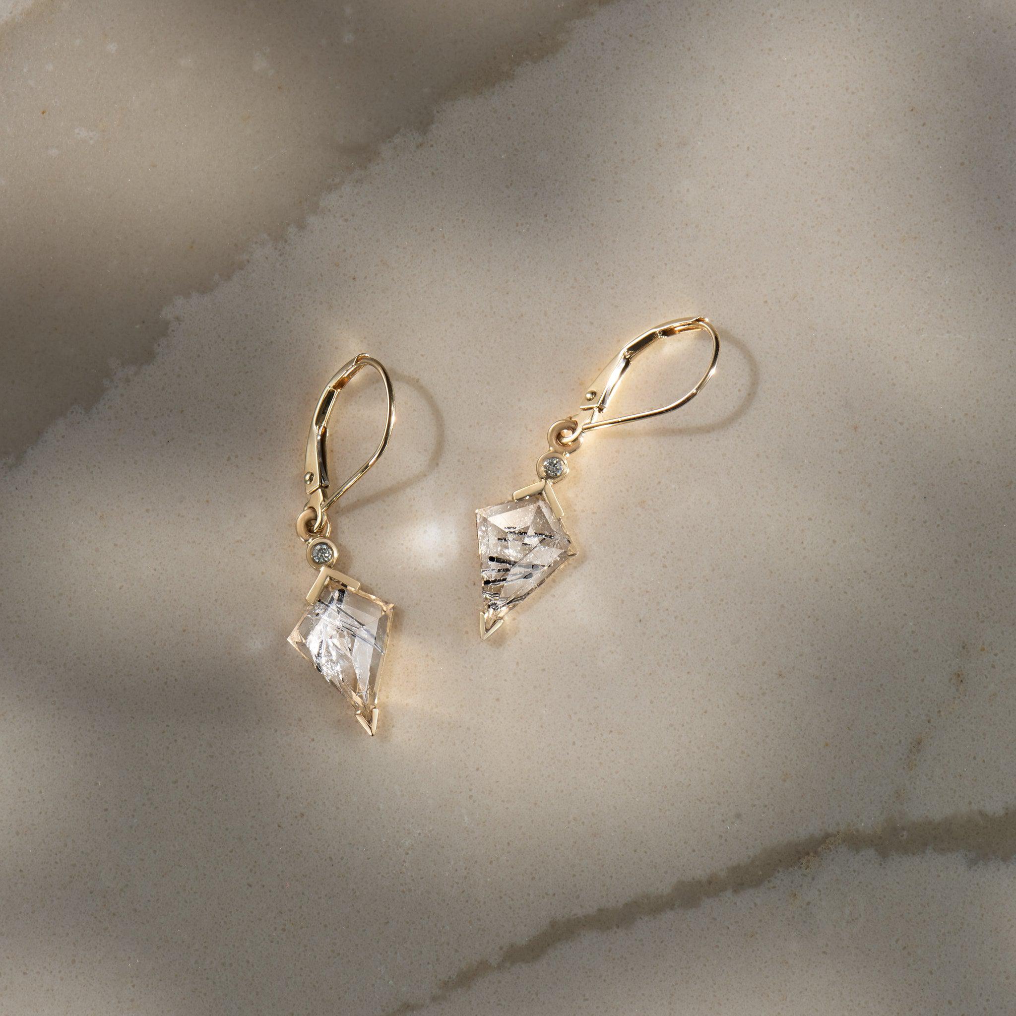 Tourmalinated Quartz and Diamond Kite Drop Earrings