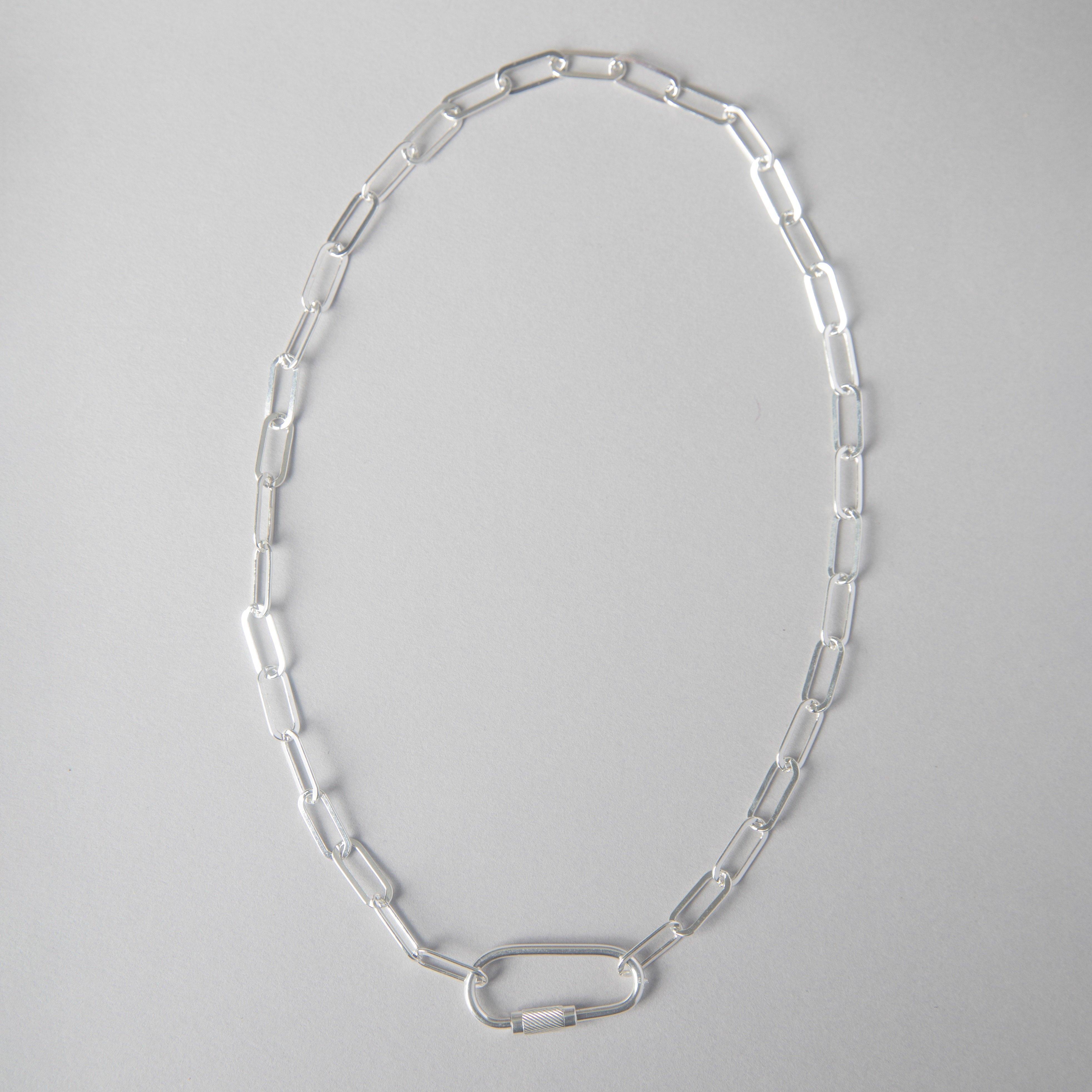 XL FLAT LINK PAPER CLIP STERLING CHAIN WITH CARABINER